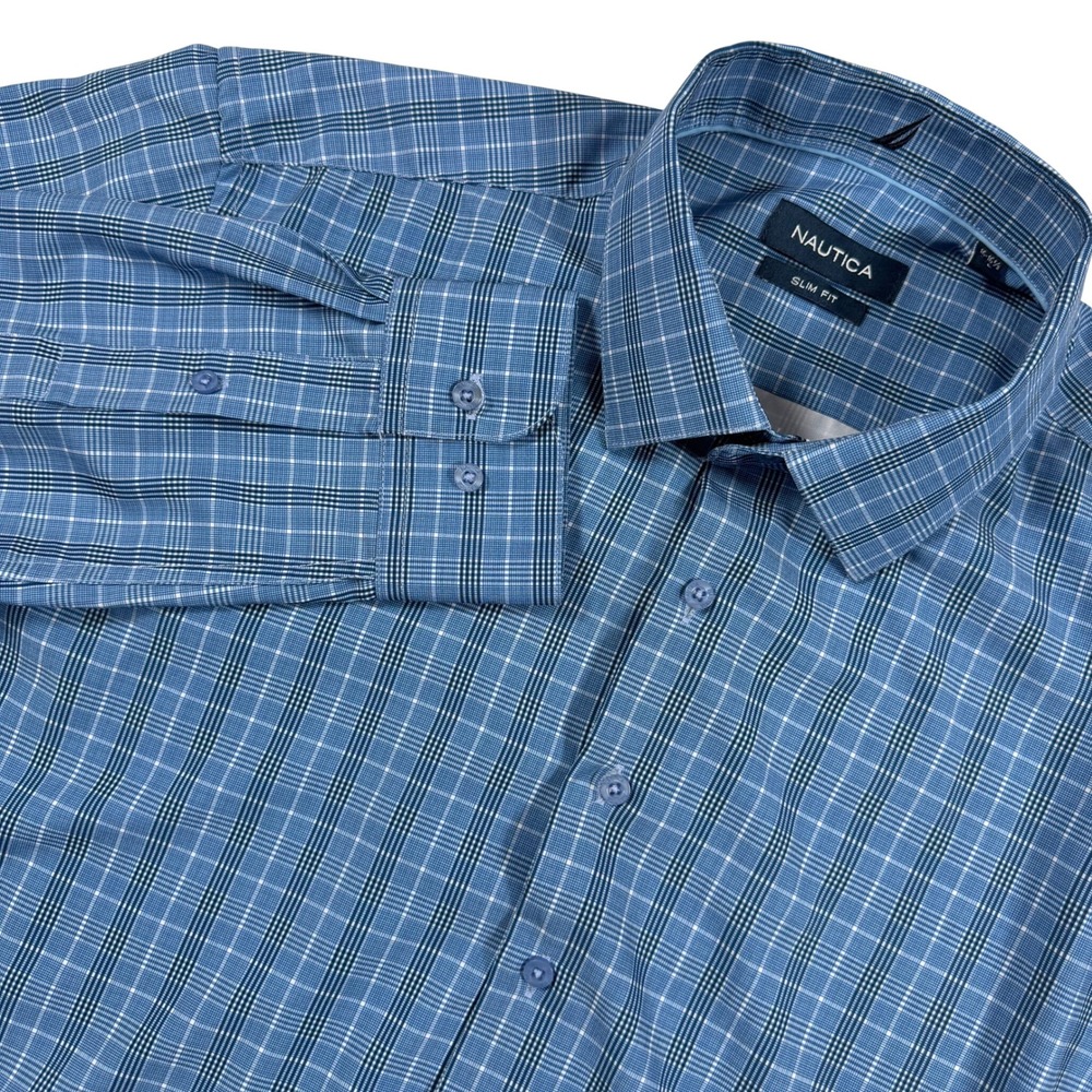 Nautica Button Down Shirt Slim Fit Men Large Blue Plaid Stretch Long Sleeve L